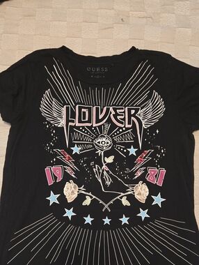 GUESS Black Graphic 'Lover' Tee with Pastel Accents